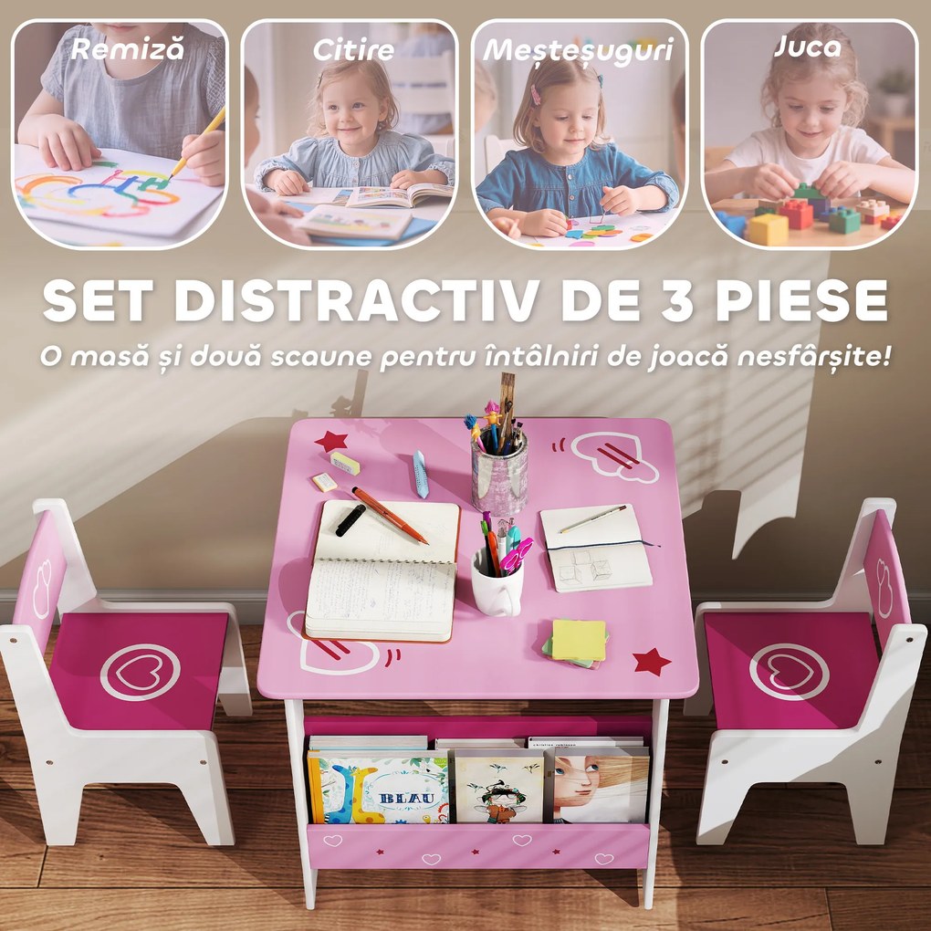 AIYAPLAY Set de masă cu 2 scaune pentru copii 3-8 ani, cu raft în lemn MDF cu motive de inimi, Roz | Aosom Romania