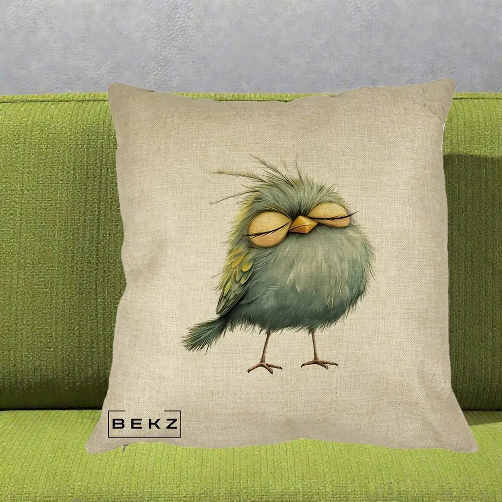 Perna Decorativa Pasare Teal Adormita cu Ochi Galbeni, 40x40 cm, Crem, Husa Detasabila, Perna Inclusa, BEKZ®