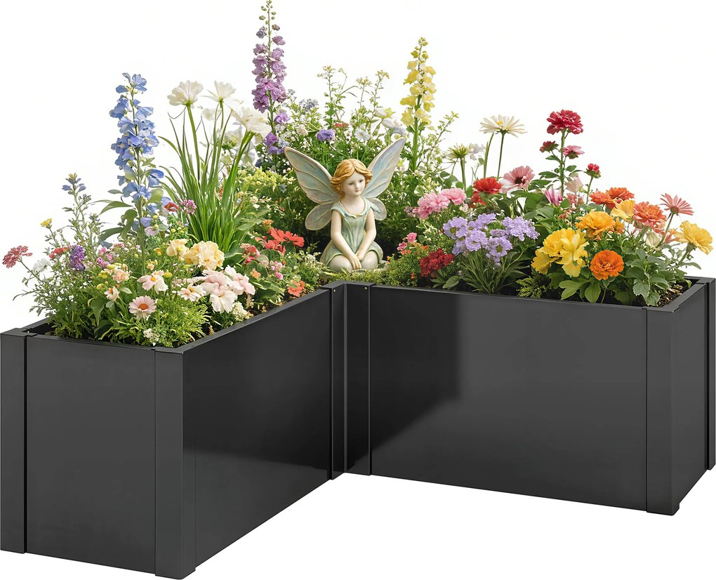 Outsunny Pat înălțat în formă de L pentru flori, rezistent la intemperii, pat de plantare/seră timpurie din oțel zincat 150 x 150 x 55 cm Negru | Aosom Romania