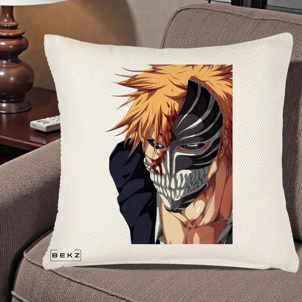 Perna Personalizata Bleach Ichigo Masca Hollow, 40x40 cm, Crem Reliefat, Husa Detasabila, Perna Inclusa, BEKZ®