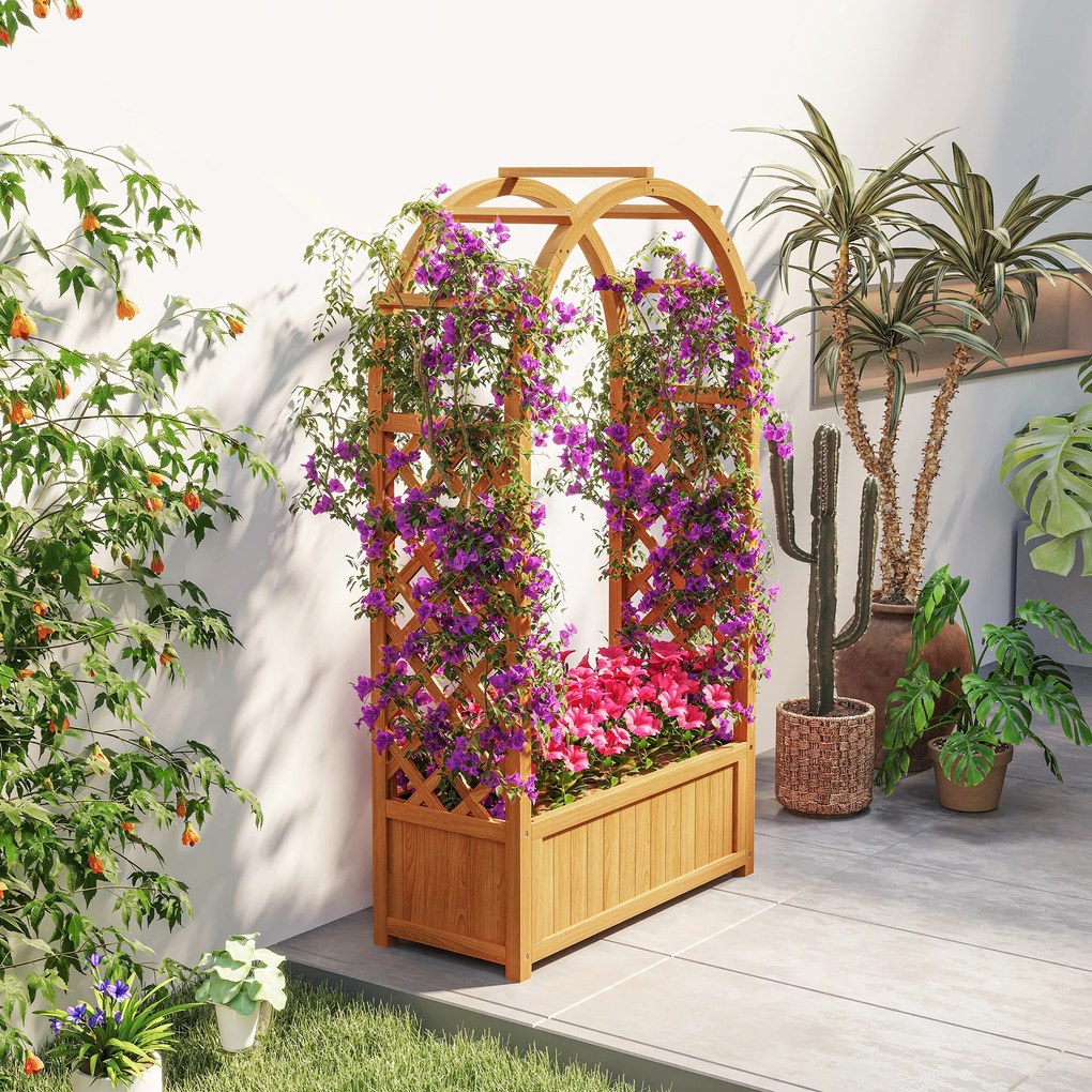 Outsunny Jardiniere înălțată ghiveci de plantare cu grilaj, acoperiș arcuit spalier ghiveci din lemn 83 x 36 x 145cm Maro deschis | Aosom Romania