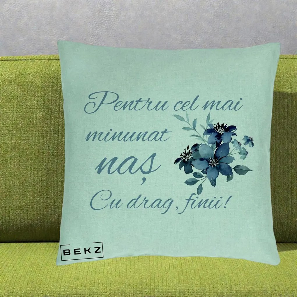 Cadou pentru Nas - Perna Personalizata Pentru Cel mai Minunat Nas Cu drag Finii, 40x40 cm, Verde Menta, Husa Detasabila, Perna Inclusa, BEKZ®
