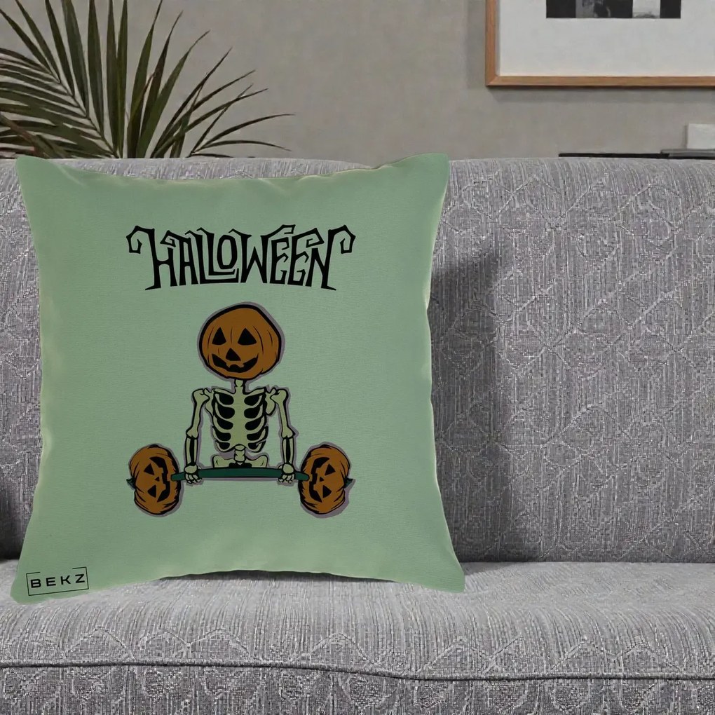 Perna Decorativa Halloween Schelet cu Cap de Dovleac Powerlifting, 40x40 cm, Verde, Husa Detasabila, Perna Inclusa, BEKZ®