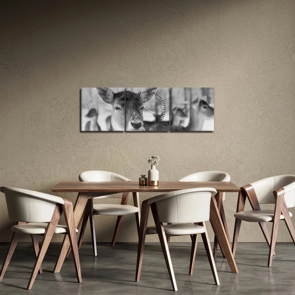 Tablou - Cerbi,alb-negru (cu ceas) (90x30 cm)