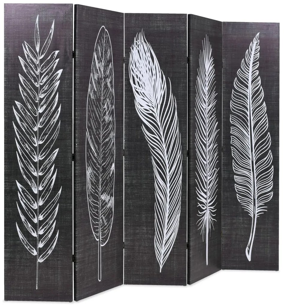 245891 vidaXL Paravan cameră pliabil, negru&alb, 200 x 170 cm, imprimeu pene