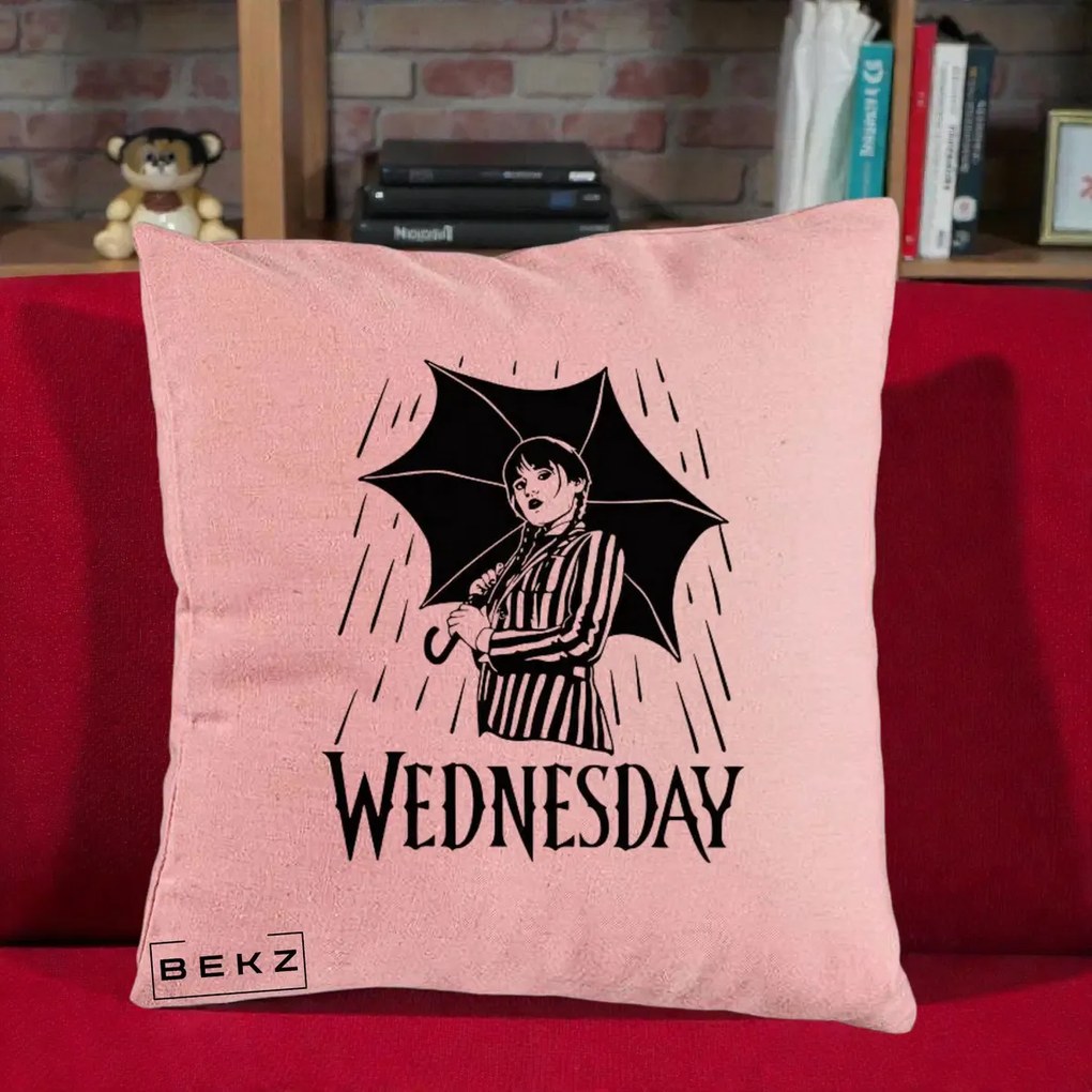 Perna Personalizata Wednesday cu Umbrela Ploaie Lineart, 40x40 cm, Roz, Husa Detasabila, Perna Inclusa, BEKZ®