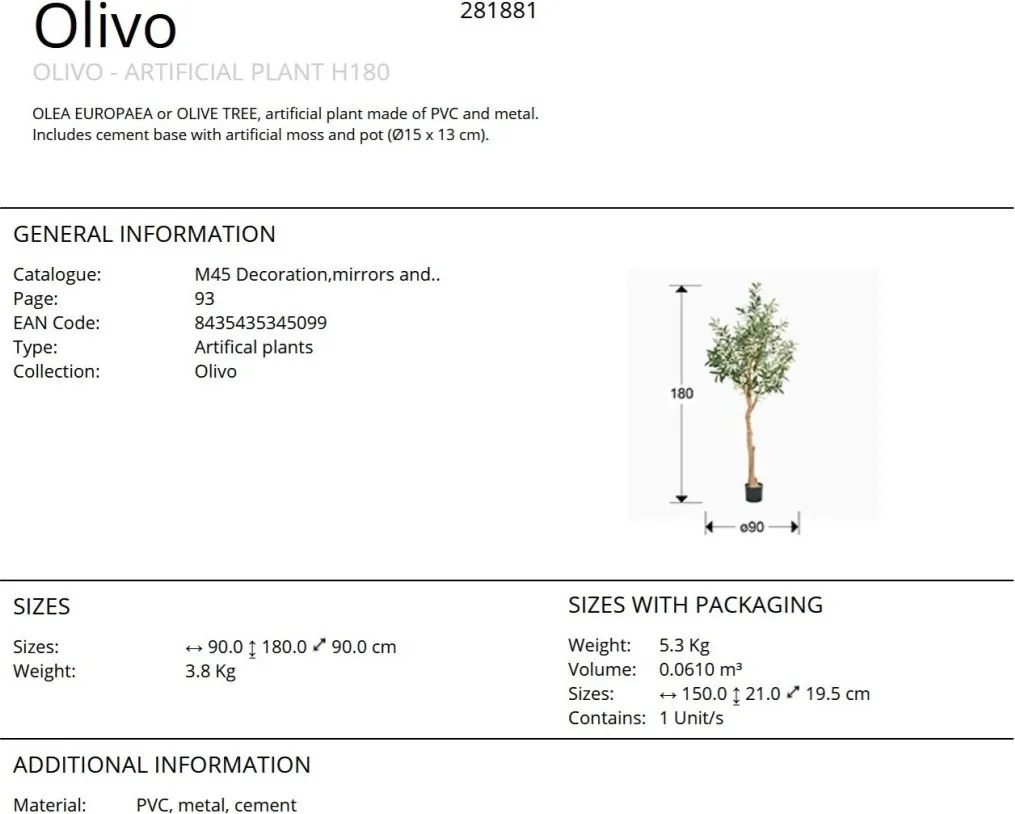 Planta artificiala decorativa Olivo, H180