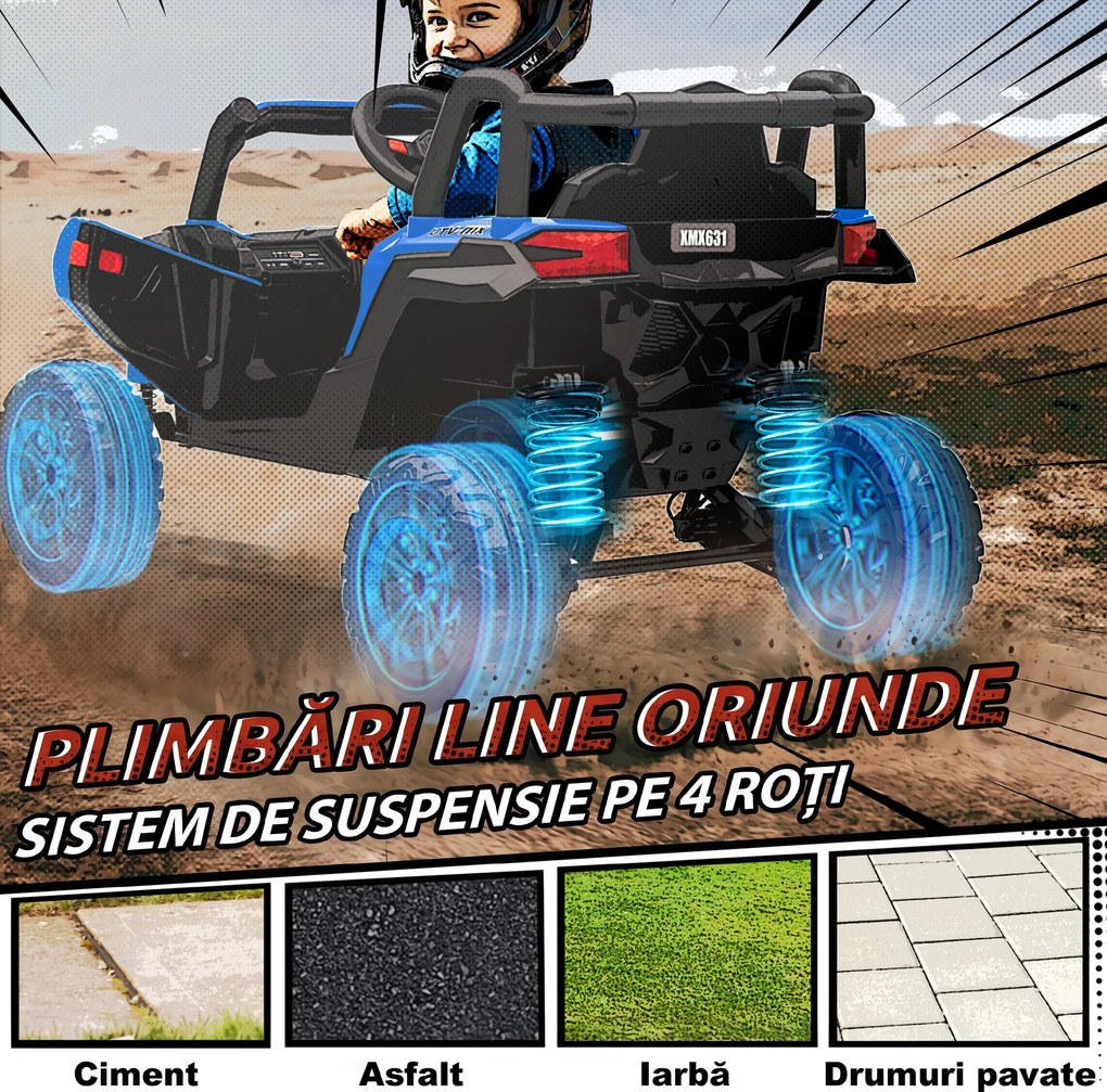 AIYAPLAY Mașină Electrică UTV pentru Copii 12V cu Centură, Telecomandă, Suspensii, USB, 3-7 km/h, 3-5 Ani, Albastru | Aosom Romania