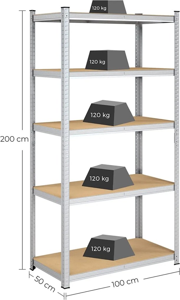 Raft Songmics, 5 rafturi, 50 x 100 x 200 cm, Silver, GLR050E01