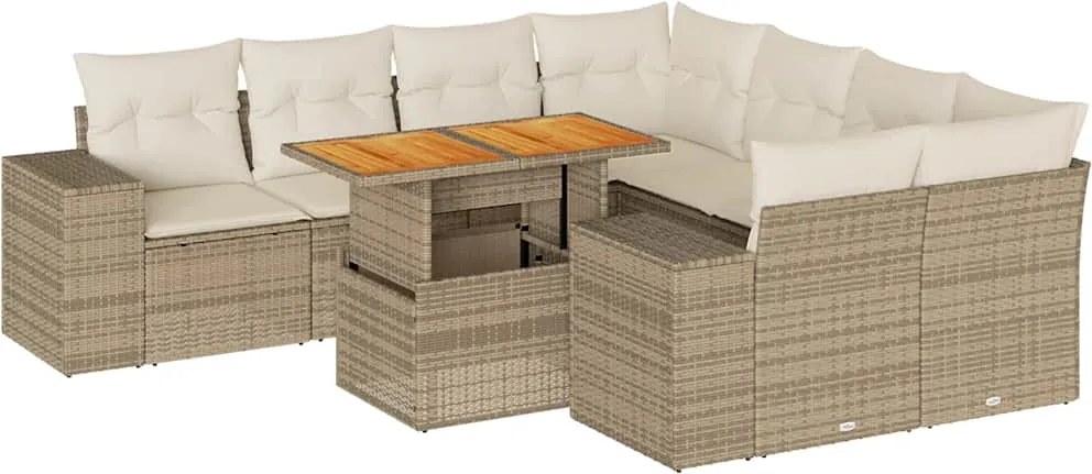 vidaXL Set canapele de grădină, 9 piese, cu perne, bej, poliratan