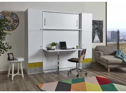 Pat rabatabil dublu cu birou Diva (LOFT) Double Table (140X190) - FARA DULAPURI LATERALE - Alb Mat