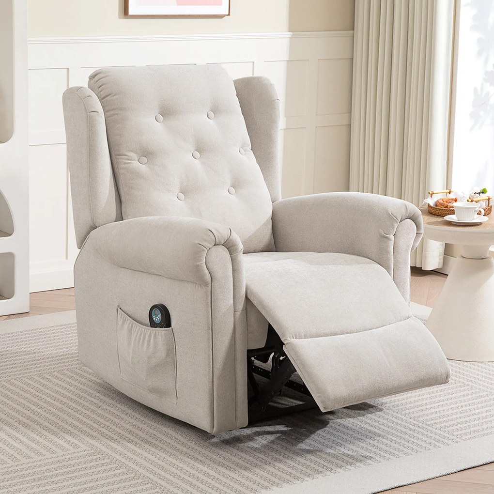 HOMCOM Fotoliu relax electric cu masaj și încălzire, cu spătar și suport pentru picioare reglabil manual, buzunar lateral, bej | Aosom Romania