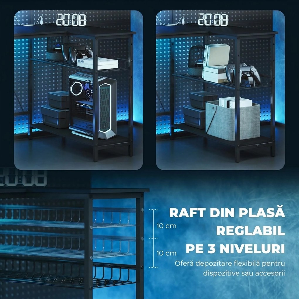 HOMCOM Birou Gaming Reversibil în L cu LED, 114,5x82 cm Birou Colțar cu Prize Electrice, Suport pentru Monitor și Rafturi Reglabile din Rețea, Stație Gaming pentru Acasă, Birou sau Studiu, Negru | Aosom Romania