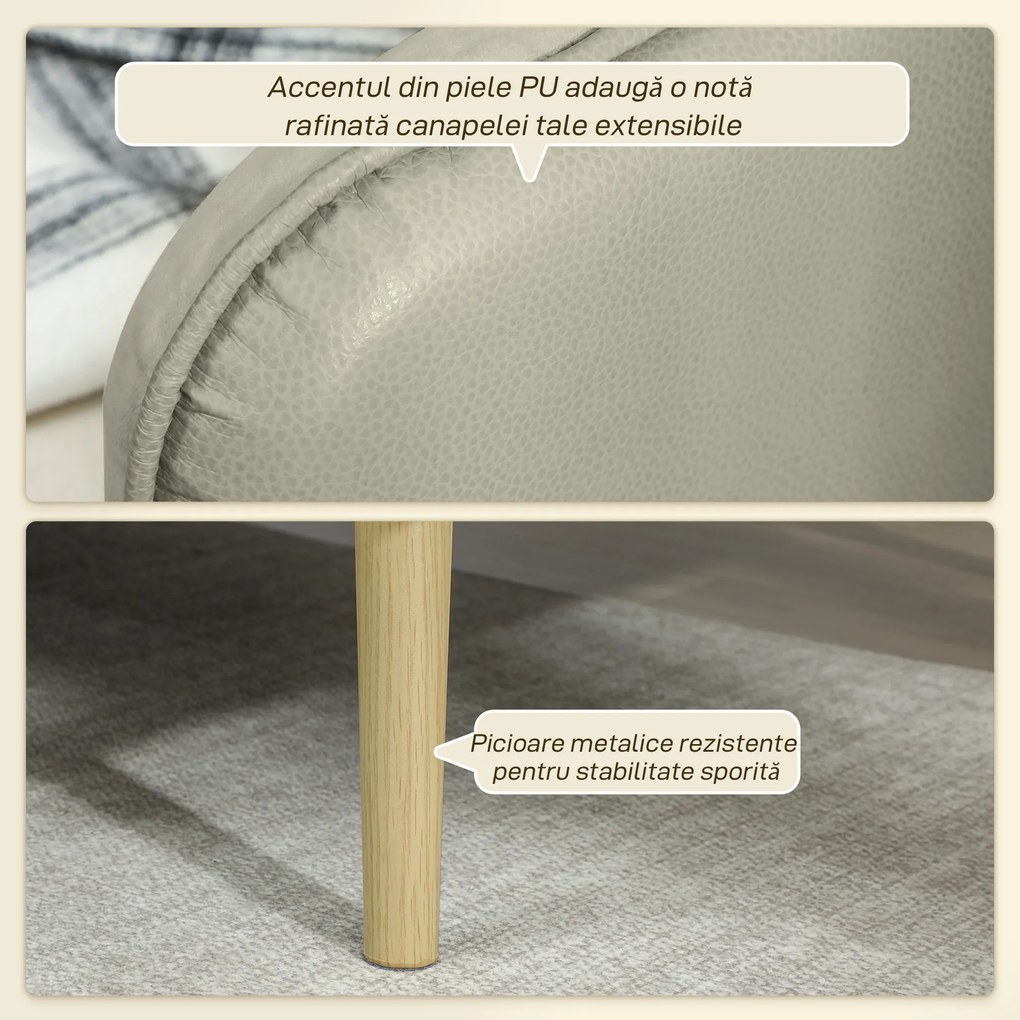 HOMCOM Canapea Extensibilă 3 Locuri Convertibilă cu Cotiere din PU, Colțar Reclinabil Clic Clac în Catifea cu Picioare Metalice și Cadru din Lemn, pentru Living sau Dormitor, 185x84x83 cm, Bej | Aosom Romania