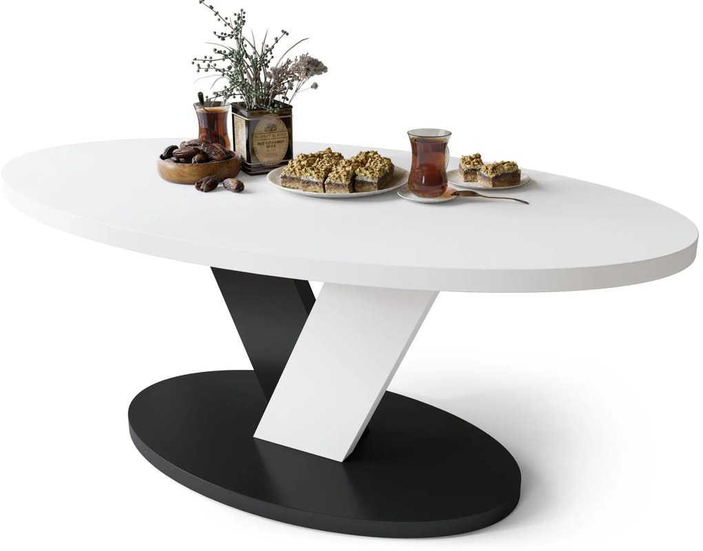 Mazzoni LOVA Alb/Negru - MĂSUȚĂ OVALĂ 110x60 cm MĂSUȚĂ DE CAFEA MODERNĂ