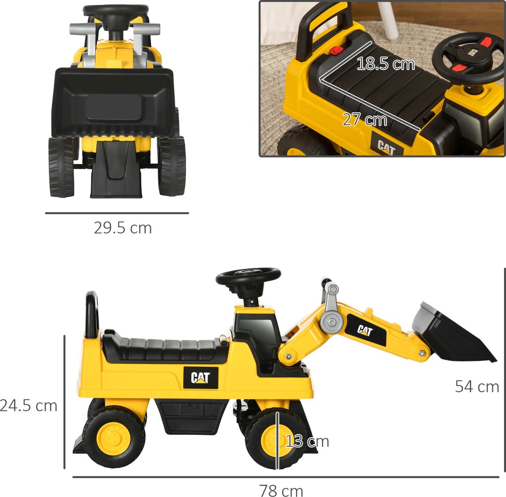 HOMCOM CAT cu Licență pentru Constructii de Condus cu Cupa Manuala, Excavator pentru Copii Mici, cu Claxon | Aosom Romania