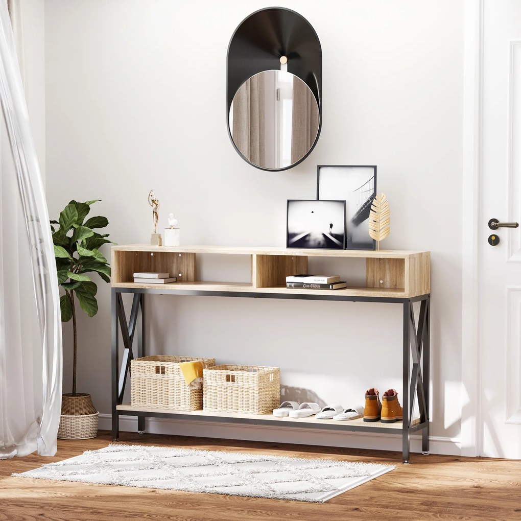 HOMCOM Masă de Console Masă de Intrare Industrială cu Multi-depozitare 120 x 23,5 x 75 cm Lemn Chêne | Aosom Romania