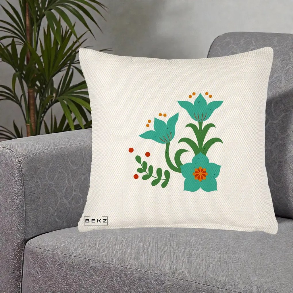 Perna Decorativa Flori Stilizate Folk Turcoaz, 40x40 cm, Crem Reliefat, Husa Detasabila, Perna Inclusa, BEKZ®