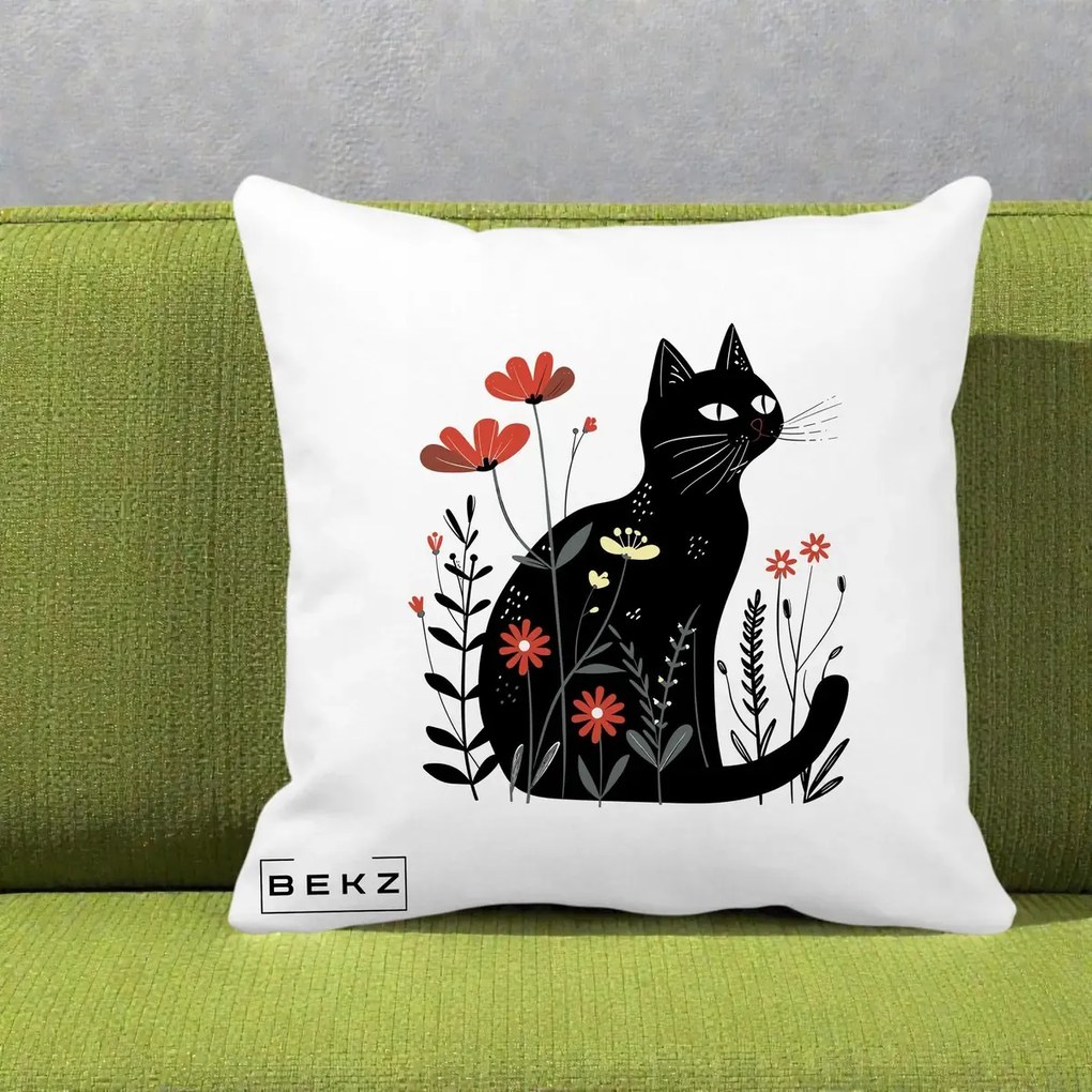 Perna Decorativa Pisica Neagra Flori Rosii Folk, 40x40 cm, Alba Mata, Husa Detasabila, Perna Inclusa, BEKZ®