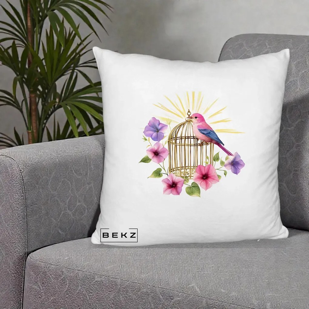 Perna Decorativa Pasare Roz pe Colivie Aurie cu Flori, 40x40 cm, Alb Pufos, Husa Detasabila, Perna Inclusa, BEKZ®