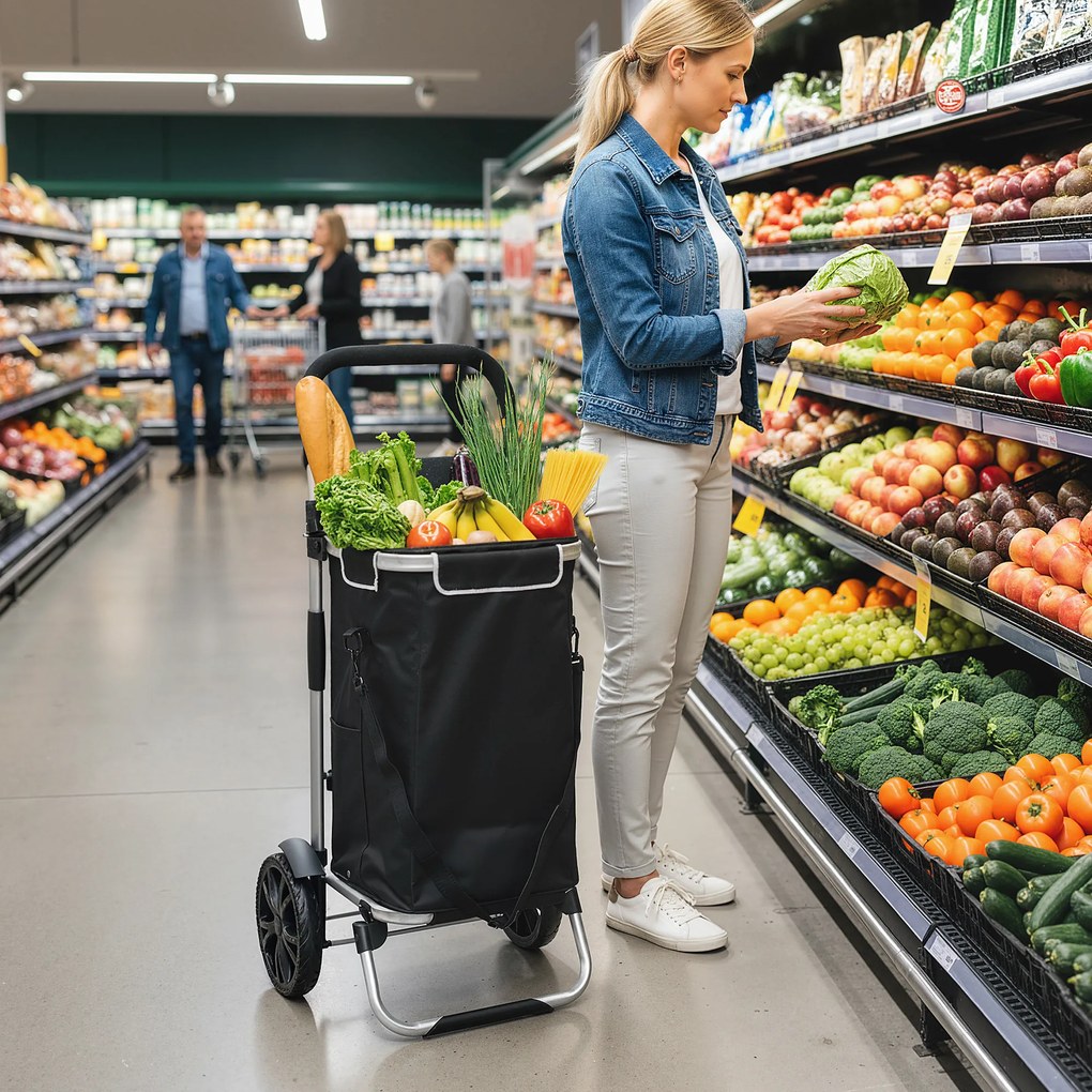 HOMCOM Cărucior de cumpărături pliabil 40 L caddie portabil pe roți cu mâner telescopic, 45,5x35,5x97cm, negru | Aosom Romania