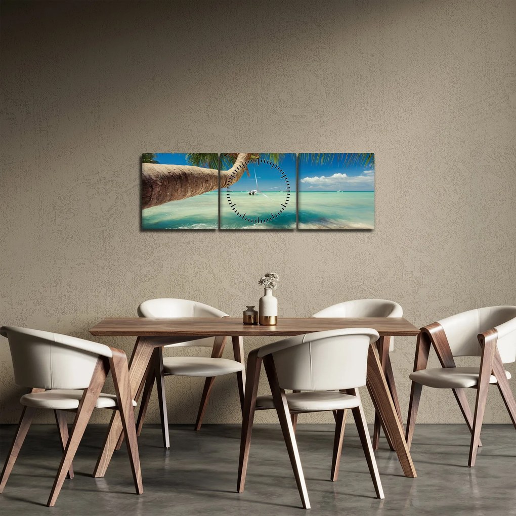 Tablou - Mare curată cu palmier (cu ceas) (90x30 cm)