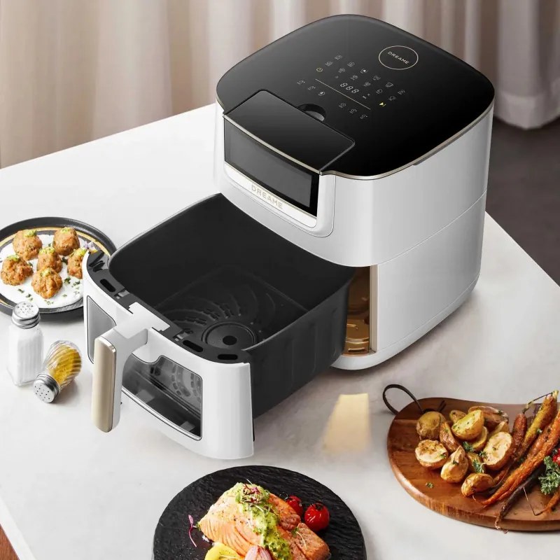 Friteuza cu aer cald Dreame AF30, 2300 W, 7 L, 12 programe, 50-200°C, Caldura ciclonica sus/jos, SmartSteam, LED, NTC, Alb