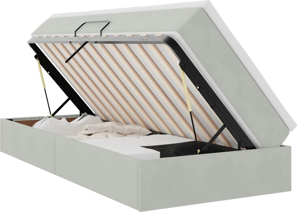 vidaXL Pat cu saltea și spațiu de depozitare Gri deschis 90 x 200 cm
