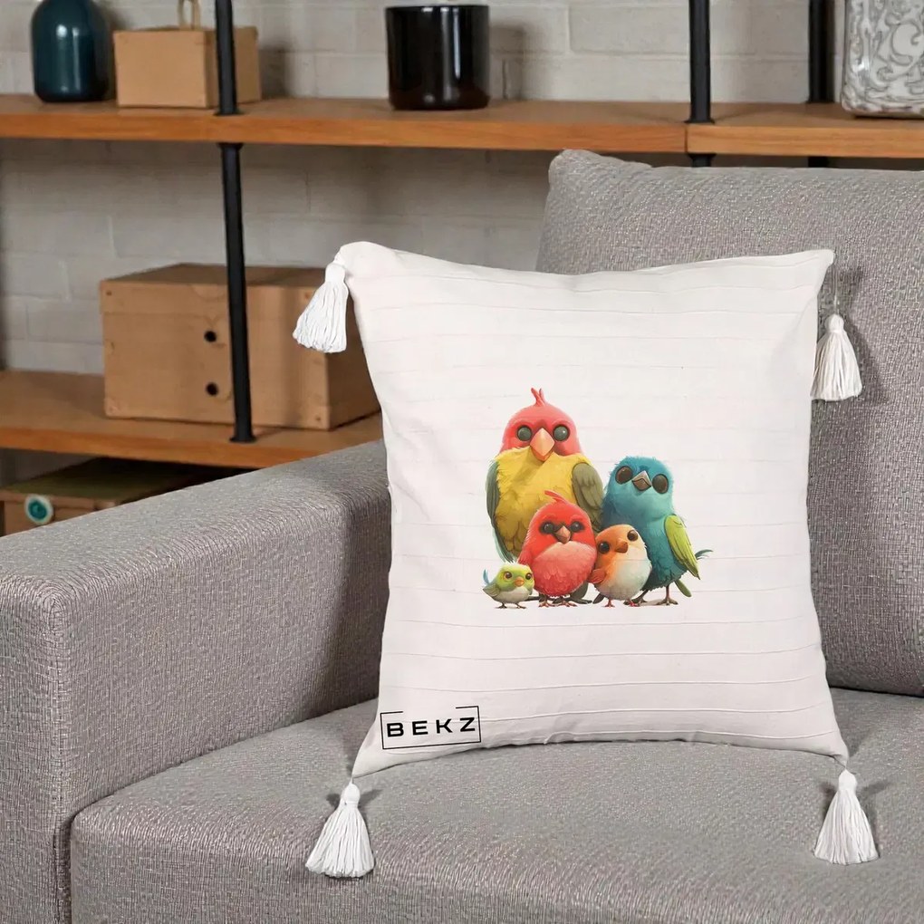 Perna Decorativa Familie de Pasarele Colorate, 40x40 cm, Bej cu Franjuri, Husa Detasabila, Perna Inclusa, BEKZ®