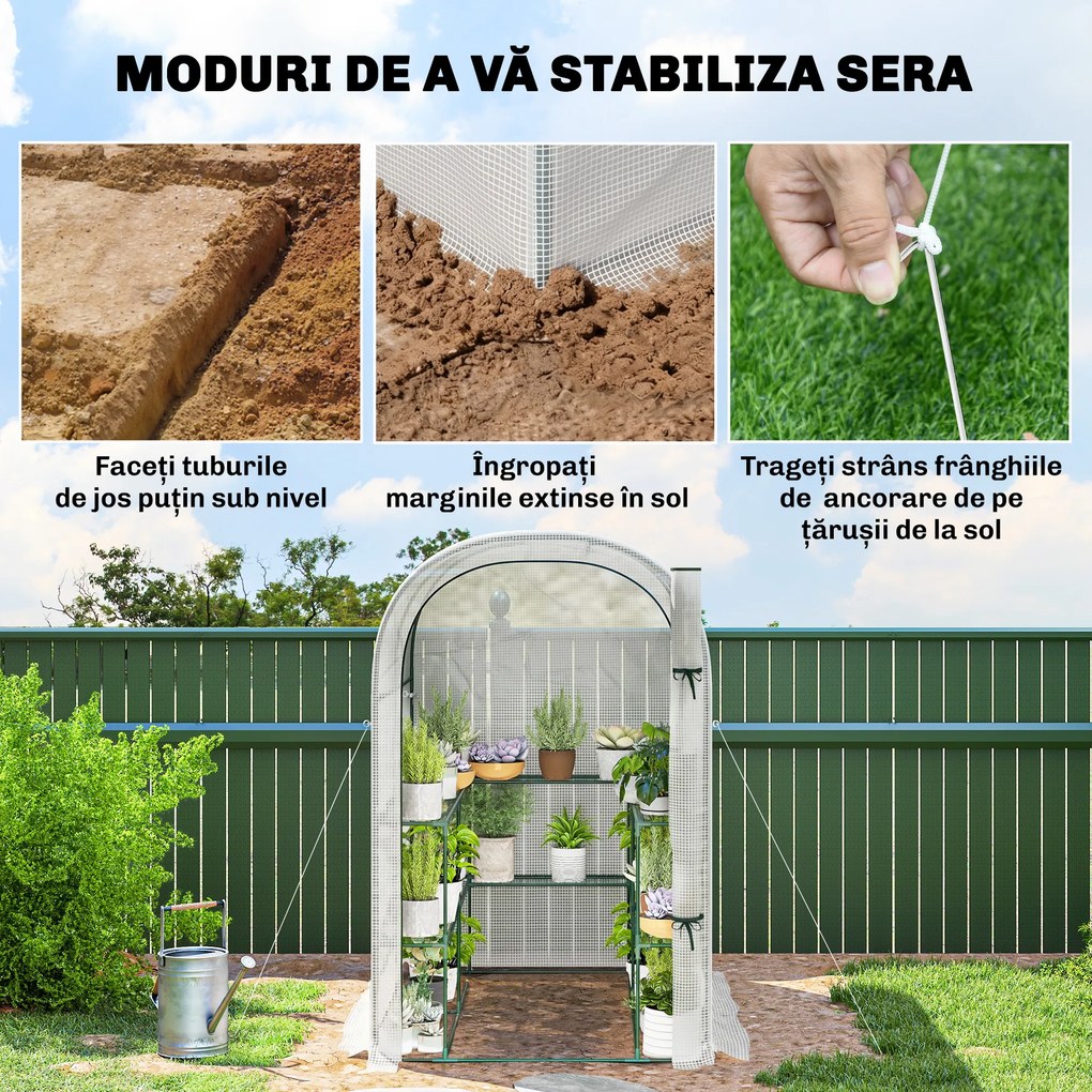 Outsunny Seră de Grădină cu Rafturi și Ușă Rulabilă, Seră pentru Grădină cu Cadru din Oțel, Acoperiș din PE Anti-UV, pentru Legume, Flori și Plante, 123x187x189 cm, Alb | Aosom Romania