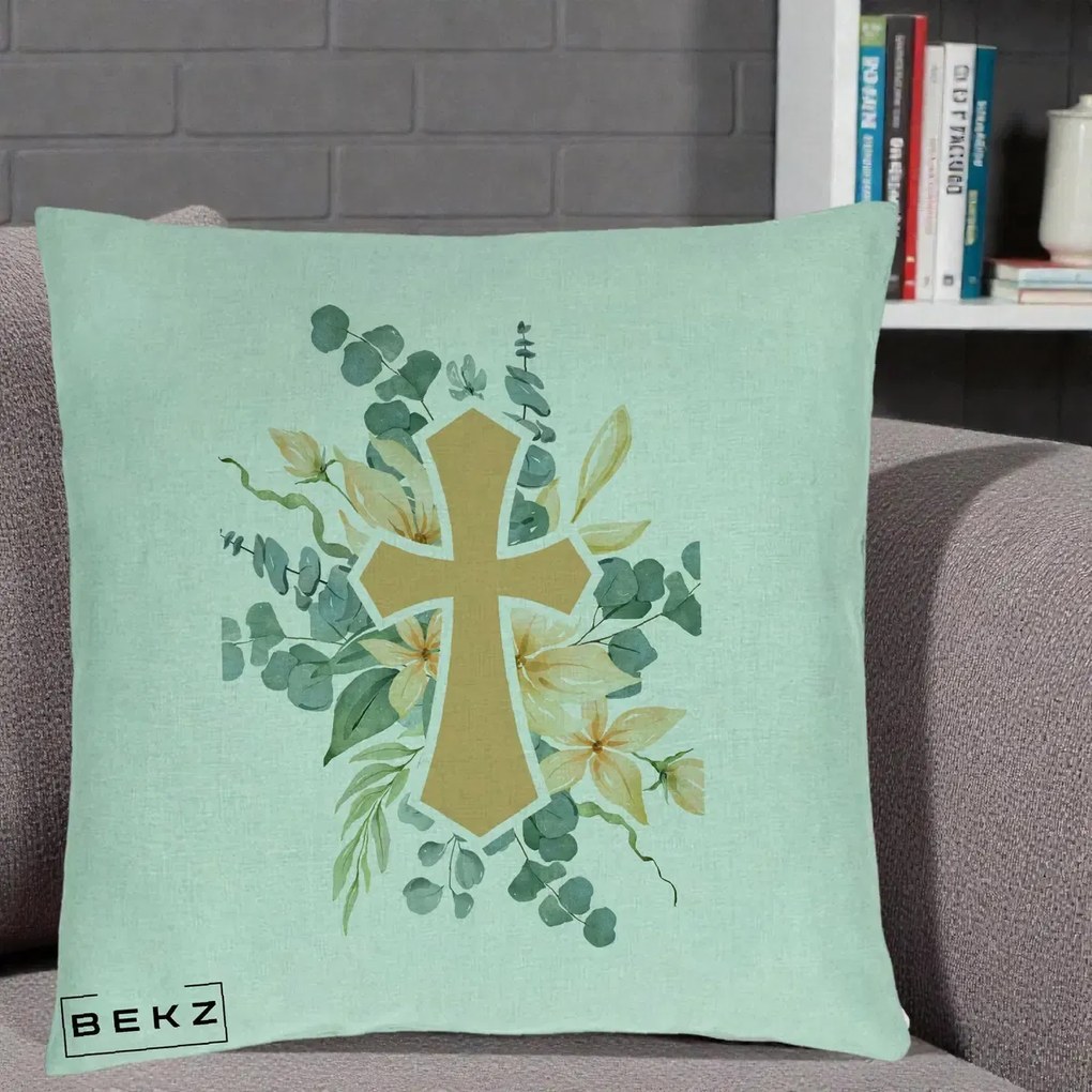 Perna Personalizata Cruce Florala Botez, 40x40 cm, Verde Menta, Husa Detasabila, Perna Inclusa, BEKZ®