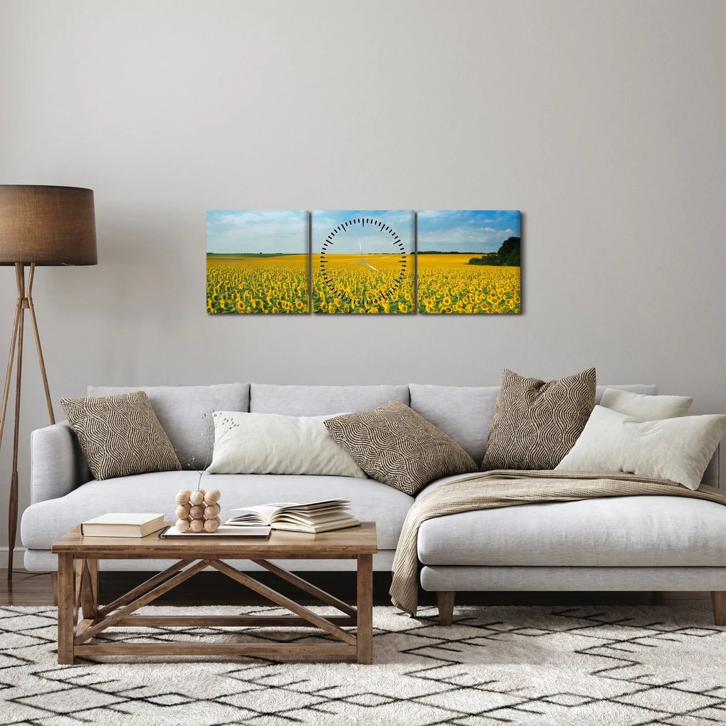 Tablou - câmp cu floarea soarelui (cu ceas) (90x30 cm)