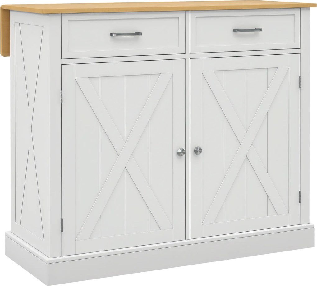 HOMCOM Insulă de bucătărie Cărucior de bucătărie cu blat pliabil din lemn 2 uși 2 sertare raft reglabil și 4 roți 105x60x90,5 cm Alb | Aosom Romania