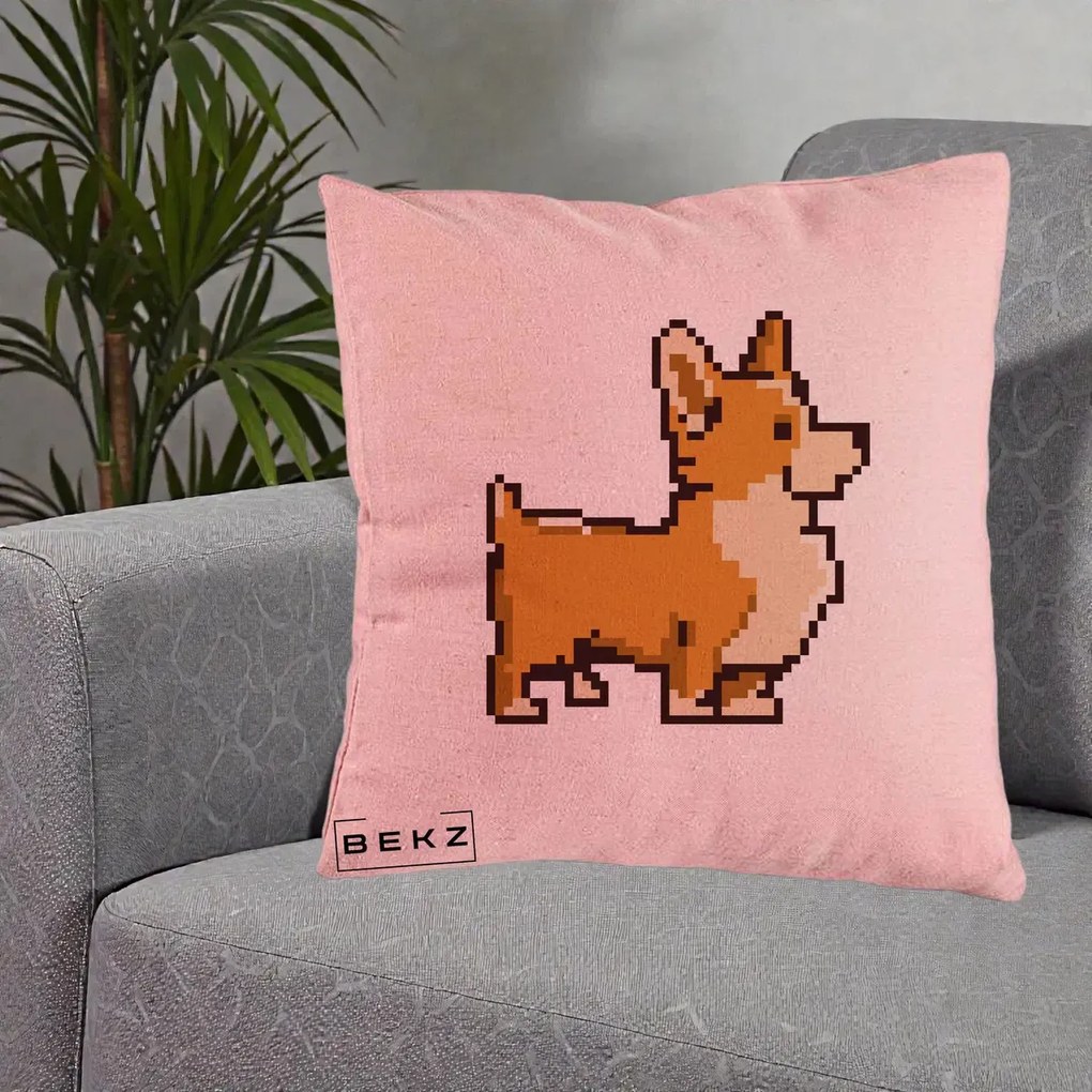 Perna Personalizata Corgi Pixel Art, 40x40 cm, Roz, Husa Detasabila, Perna Inclusa, BEKZ®