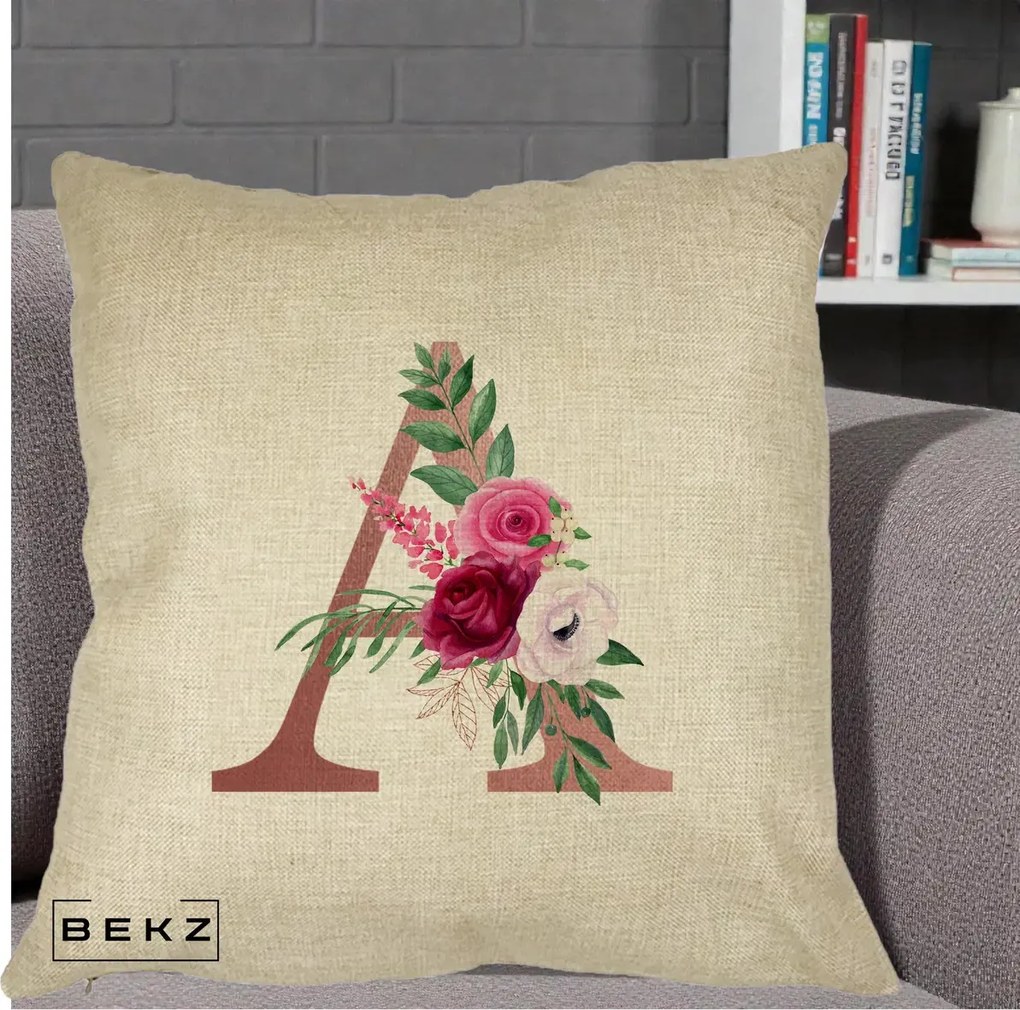 Cadou Personalizat - Perna Personalizata Monograma Rose Gold Litera A, 40x40 cm, Crem, Husa Detasabila, Perna Inclusa, BEKZ®