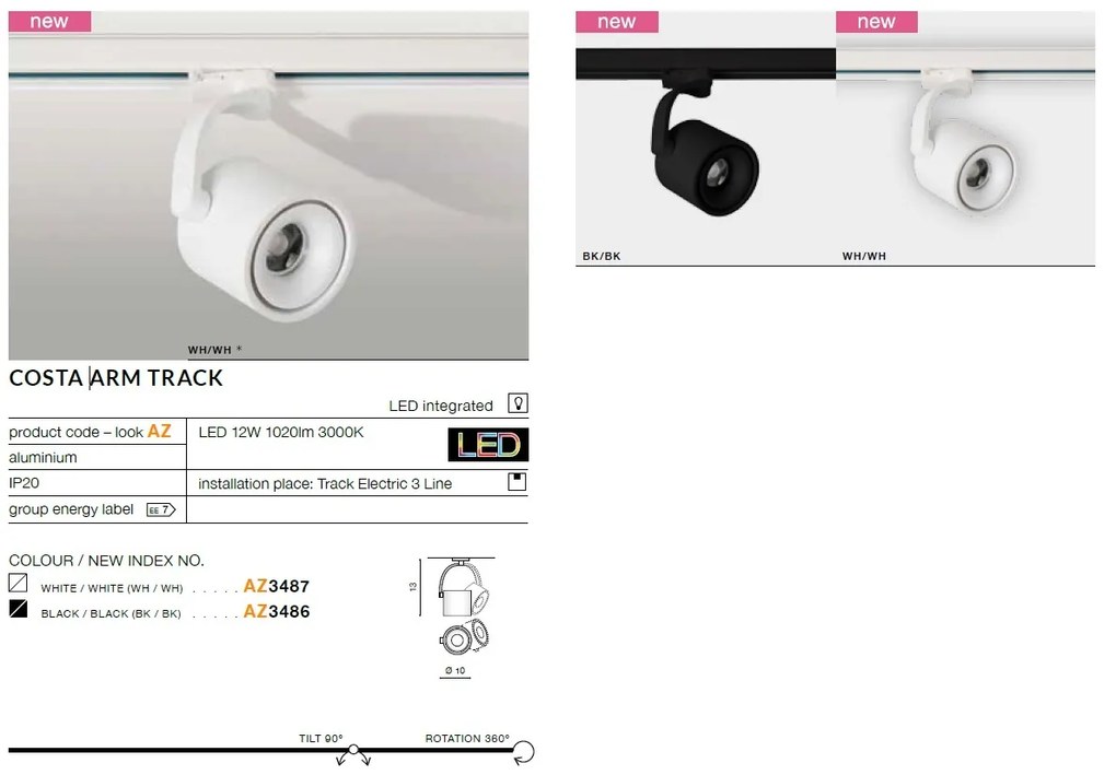 Spot LED directionabil pe sina COSTA ARM TRACK alb ZZ AZ3487
