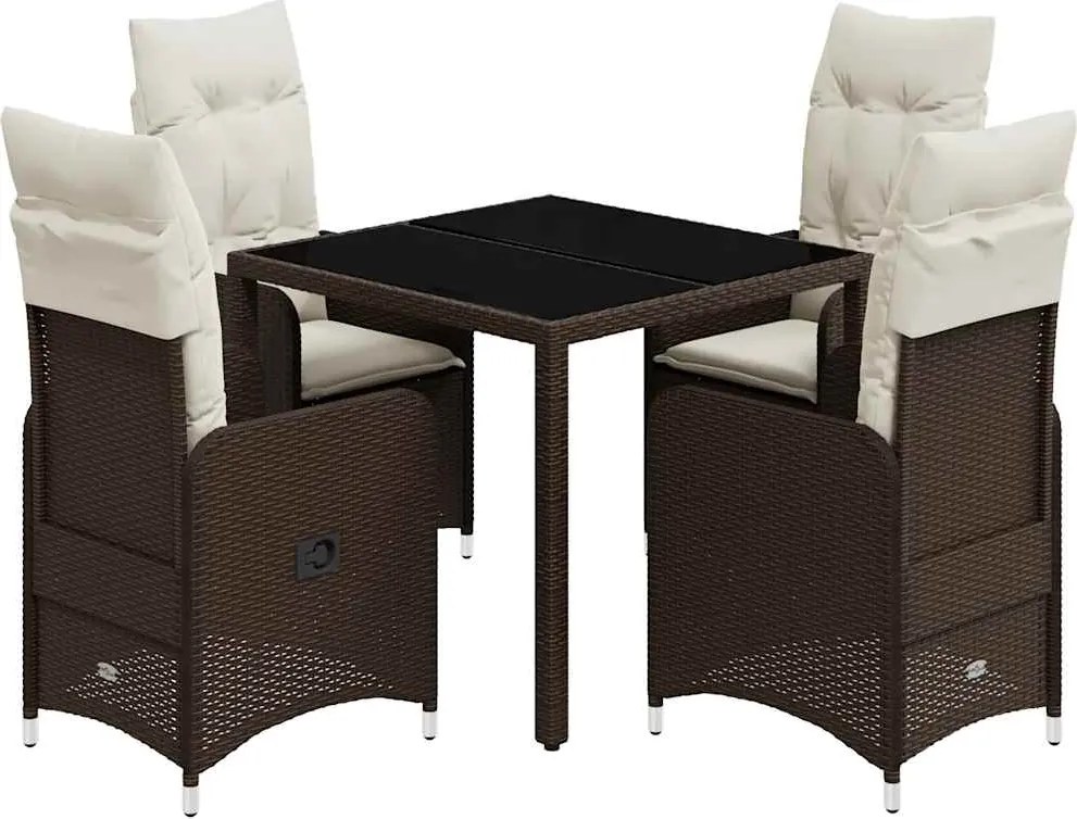 vidaXL Set bistro de grădină, 5 piese, cu perne, maro, poliratan