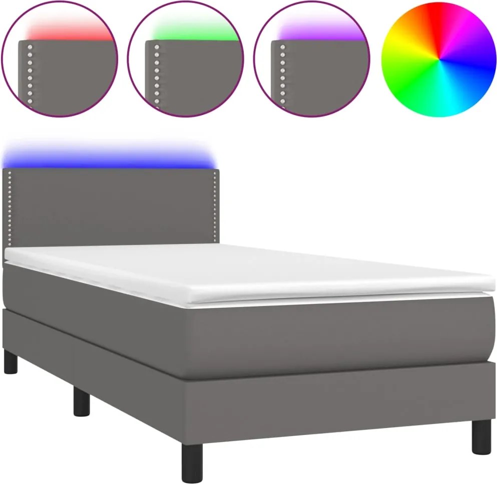 vidaXL Pat continental cu saltea și LED, gri, 80x200 cm, piele eco