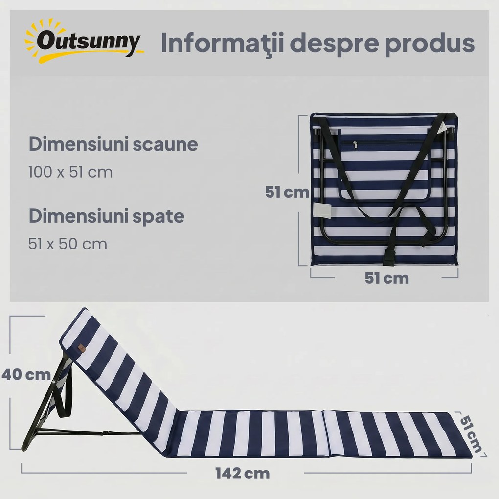 Outsunny Set 2 Șezlonguri Pliabile cu Unghi Reglabil și Buzunar cu Fermoar, 142x51x40 cm, Albastru | Aosom Romania