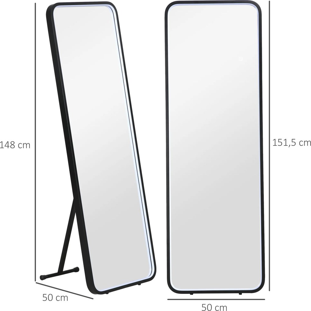 HOMCOM Oglindă corp întreg cu lumină LED Oglindă de podea 151,5x50 cm Independentă sau pentru perete cu lumină reglabilă în 3 culori | Aosom Romania