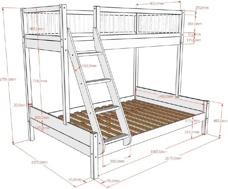 Pat pentru copii alb supraetajat din lemn de fag cu somieră 140x200/90x200 cm Forrest – Vipack
