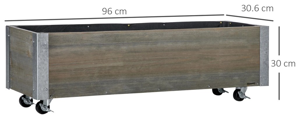 Outsunny Strat Înălțat de Grădină cu Roți, Frână și Strat din Nețesut cu Orificii de Drenaj, 96x30.6x30 cm, Gri Deschis | Aosom Romania