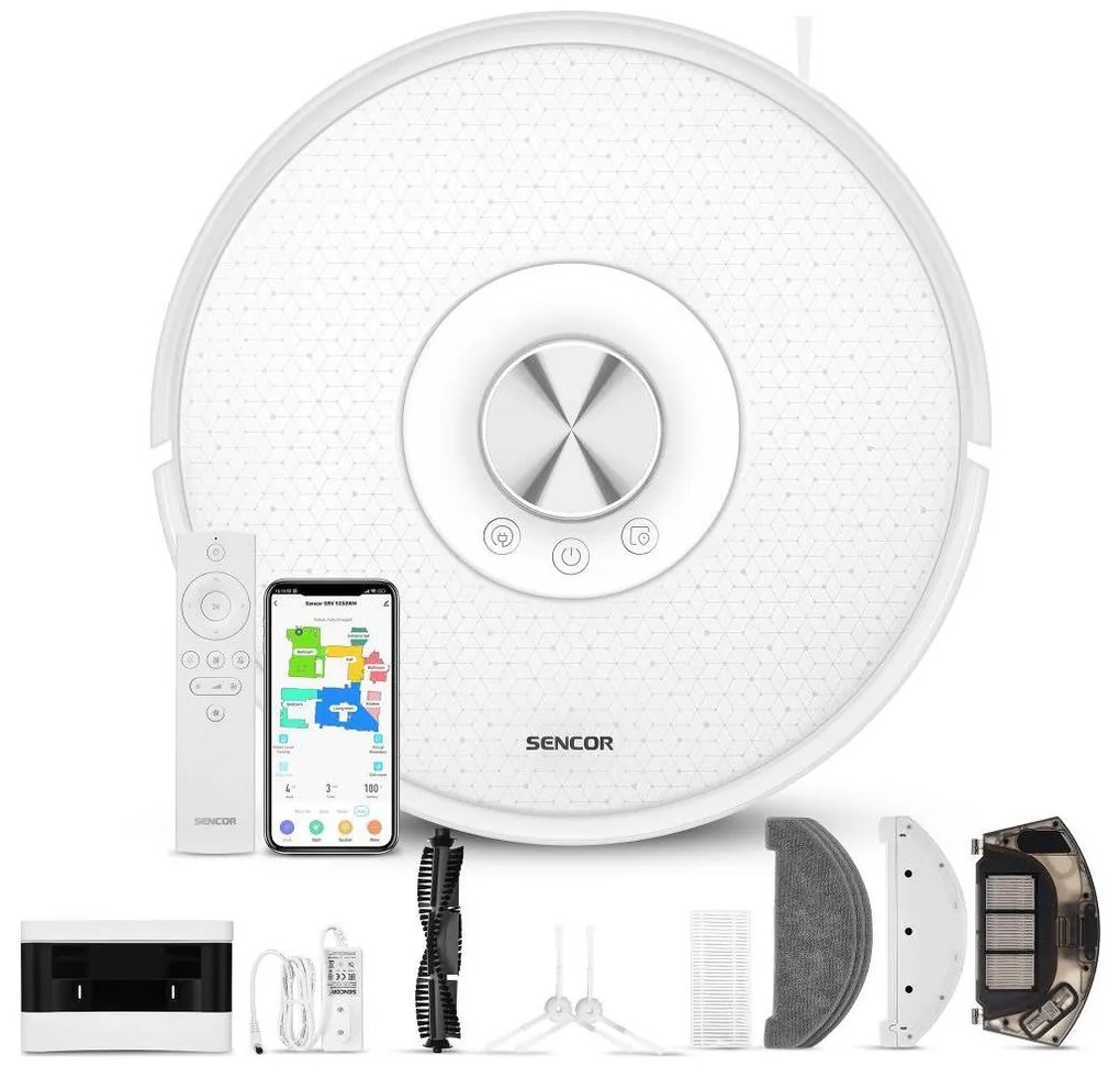 Sencor - Aspirator robot 2 în 1 cu mop, 50 W, baterie 5000 mAh, Wi-Fi, alb, telecomandă inclusă