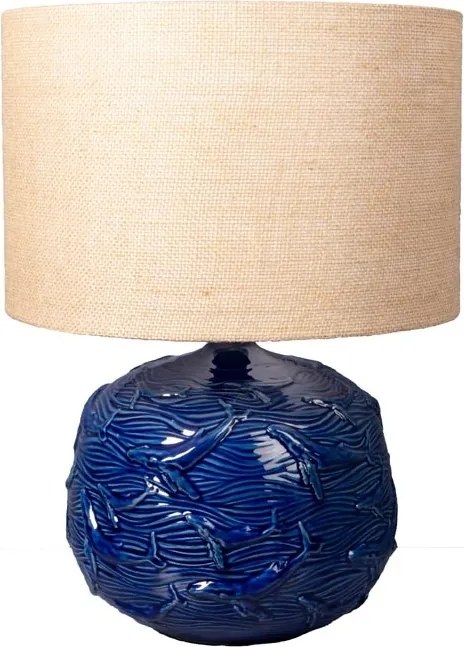 Lampă de masă din iută naturală, cu structură din ceramică albastră, finisaj lucios, 51×38 cm, „Azula"