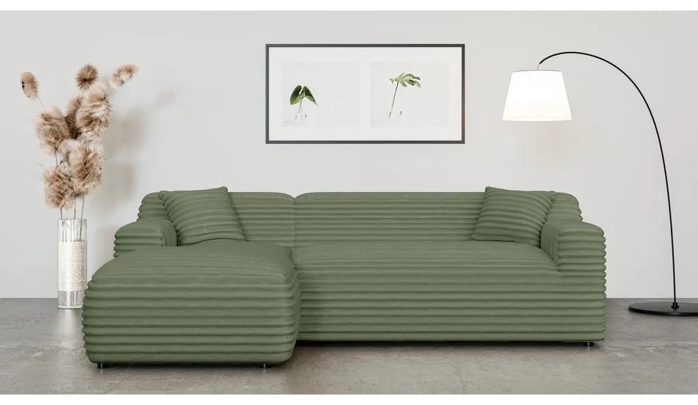 Colțar verde cu tapițerie din catifea reiată (cu colț pe partea stângă, cu șezlong) Martin – Ropez