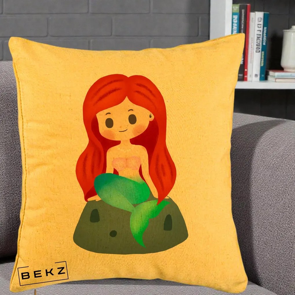 Perna Personalizata Sirena Kawaii Roscat, 40x40 cm, Galben, Husa Detasabila, Perna Inclusa, BEKZ®