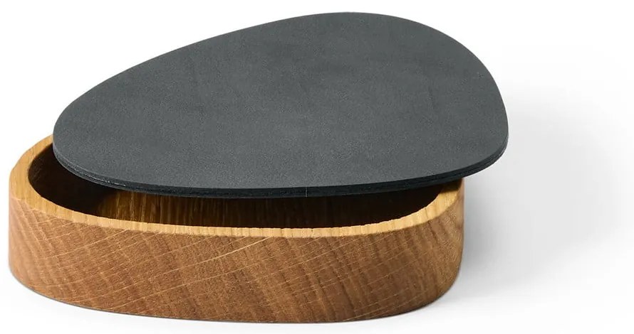 Cutie de depozitare gri antracit-în culoare naturală din lemn și din piele ecologică cu capac, decorativă 14x12,5x3,5 cm Curve Nupo – LIND DNA