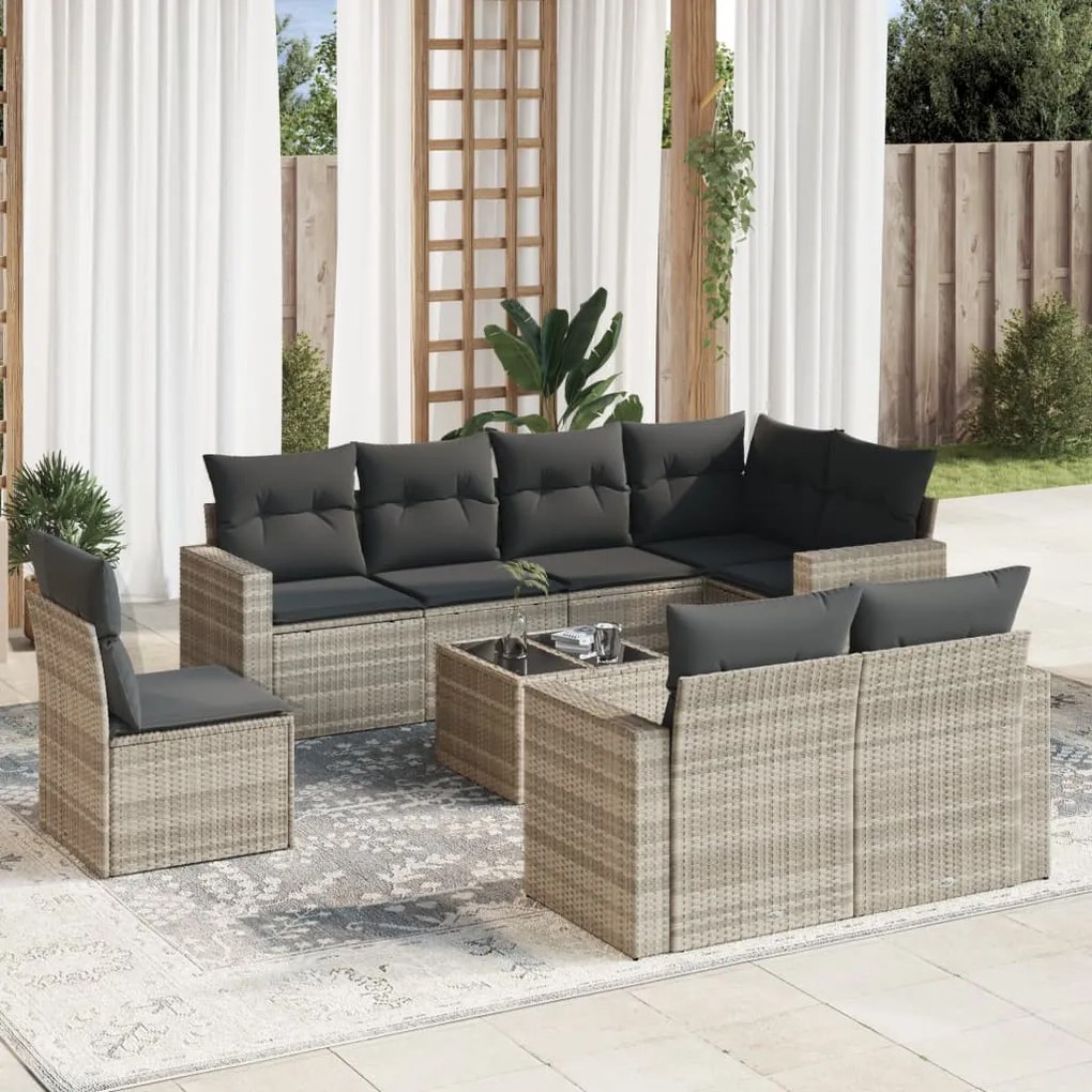 vidaXL Set canapele de grădină cu perne, 9 piese gri deschis poliratan
