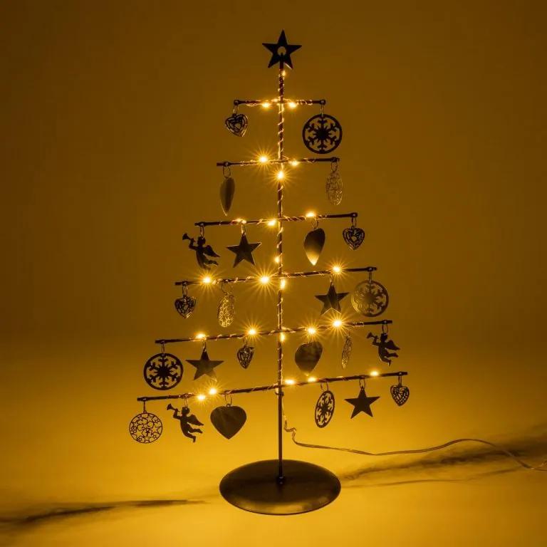 Brad decorativ de Crăciun din metal - negru, 25 LED-uri, alb