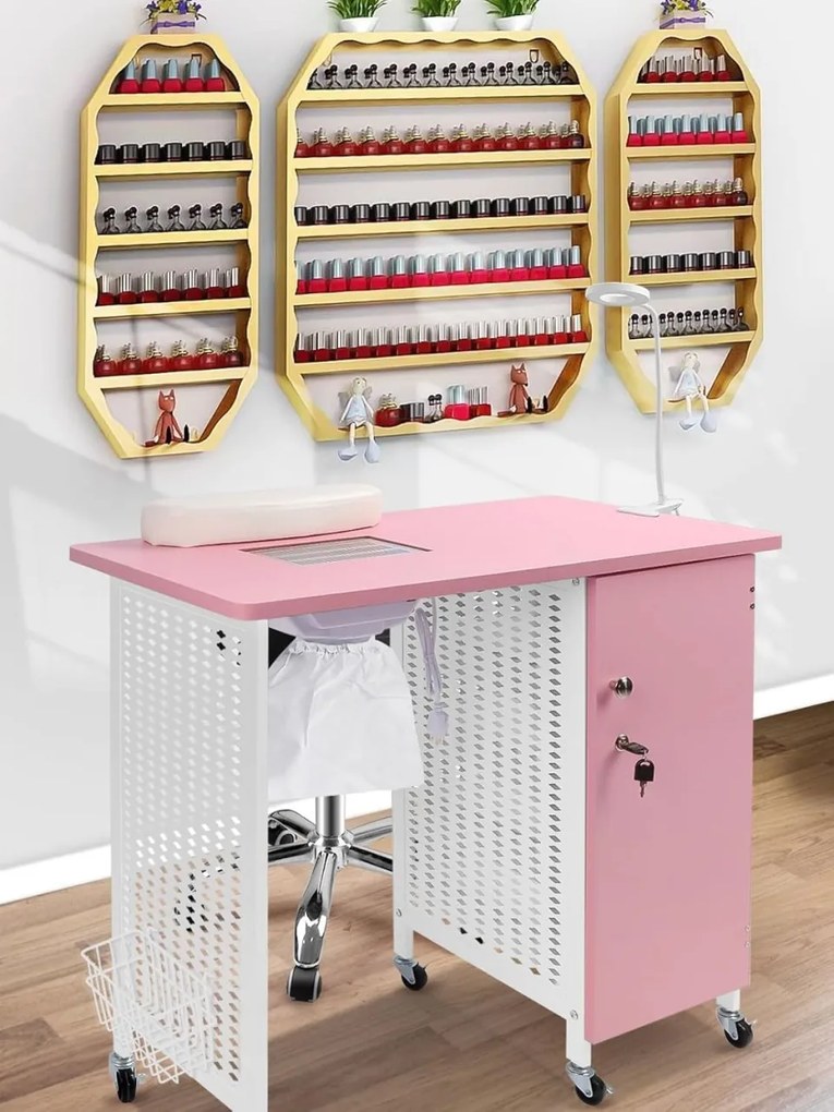 MANIA1 - Masuta manichiura, 90 cm, cu aspirator incorporat, perna maini si lampa LED, masa cosmetica - Alb/ Negru / Negru-Auriu